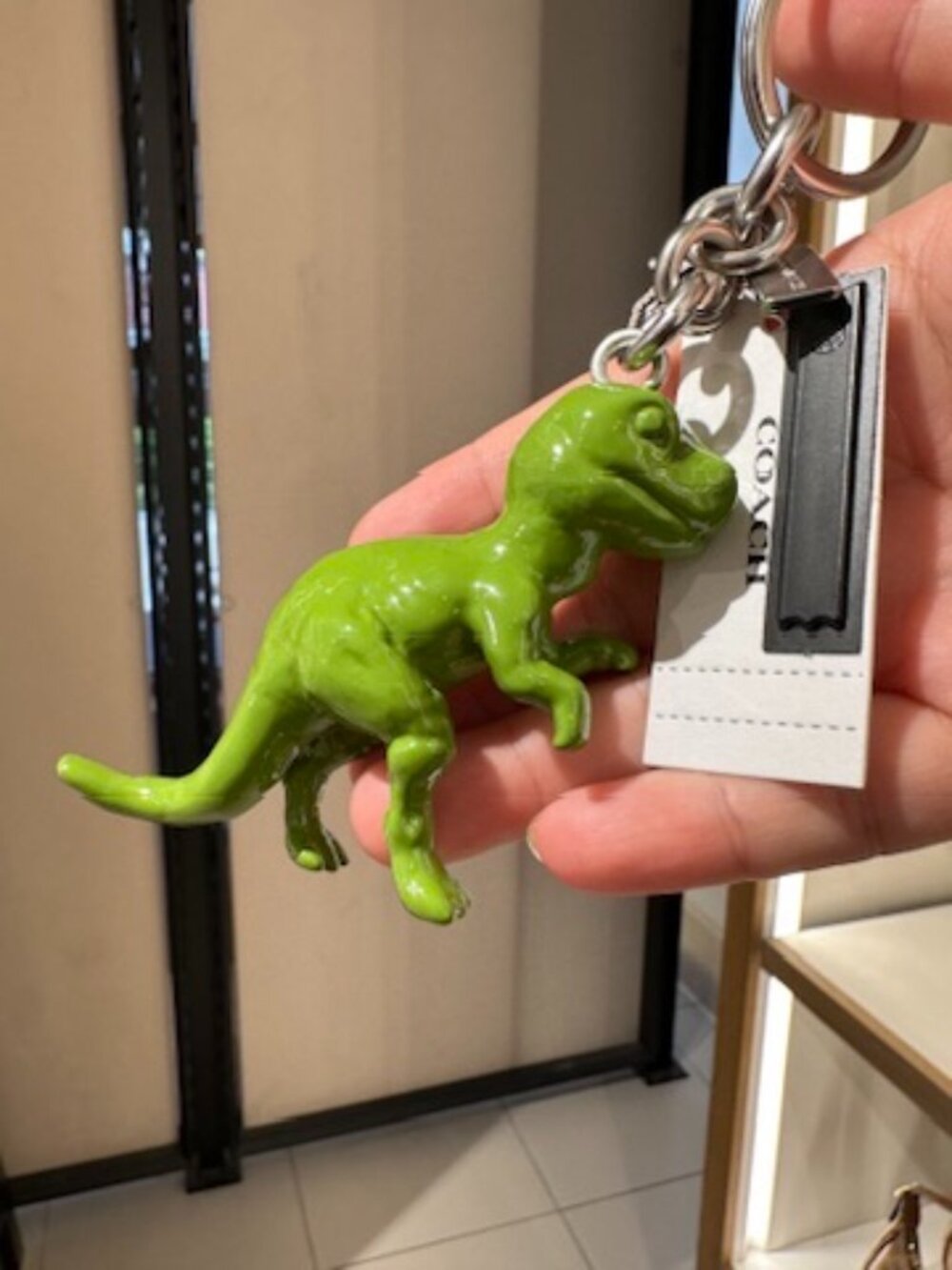 NWT! COACH CAX75 T Rex Dinosaur Bag Charm Keychain In Green/Silver Resin